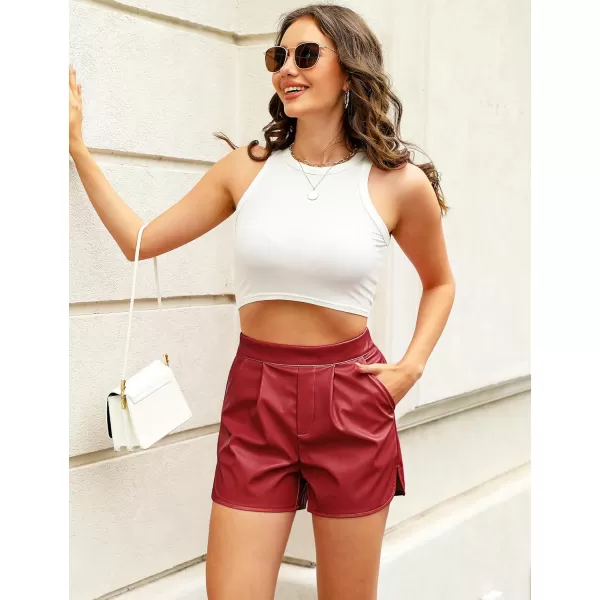 luvamia Faux Leather Shorts for Women High Wasited Pull On Pleated Side Slit Pleather Shorts with Elastic Waist PocketsRed