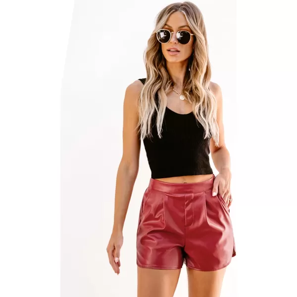 luvamia Faux Leather Shorts for Women High Wasited Pull On Pleated Side Slit Pleather Shorts with Elastic Waist PocketsRed