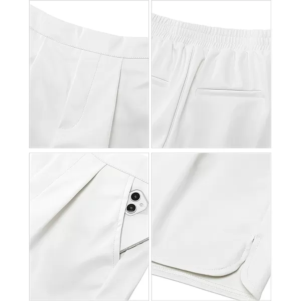 luvamia Faux Leather Shorts for Women High Wasited Pull On Pleated Side Slit Pleather Shorts with Elastic Waist PocketsWhite