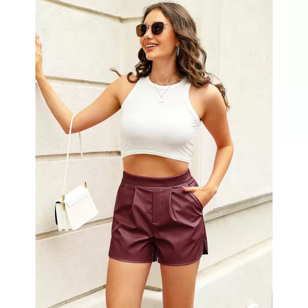 luvamia Faux Leather Shorts for Women High Wasited Pull On Pleated Side Slit Pleather Shorts with Elastic Waist PocketsWine Red