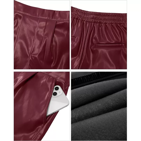 luvamia Faux Leather Shorts for Women High Wasited Pull On Pleated Side Slit Pleather Shorts with Elastic Waist PocketsWine Red