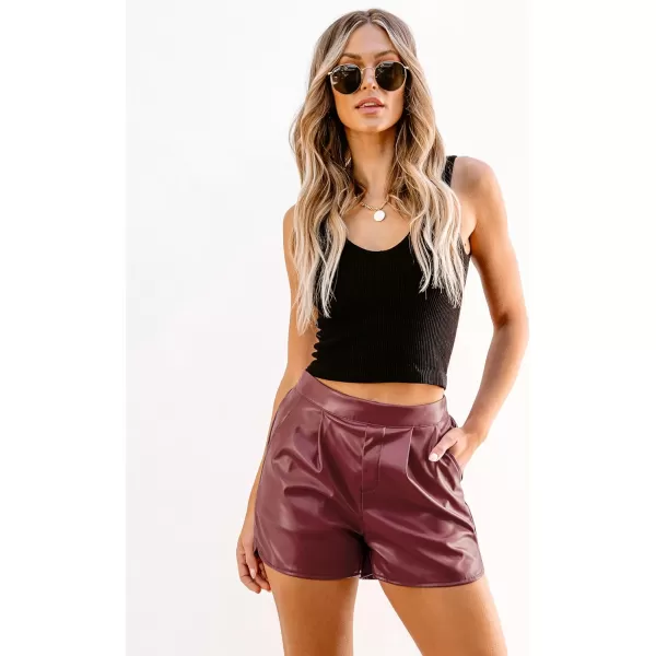 luvamia Faux Leather Shorts for Women High Wasited Pull On Pleated Side Slit Pleather Shorts with Elastic Waist PocketsWine Red