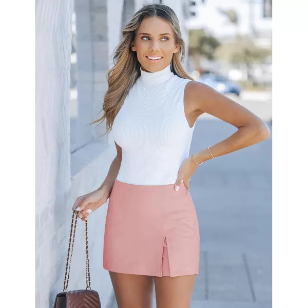 luvamia Faux Leather Skort for Women High Waisted Pull On Vegan Leather Shorts Pleather Skorts Skirts with Slit CuteChintz Rose