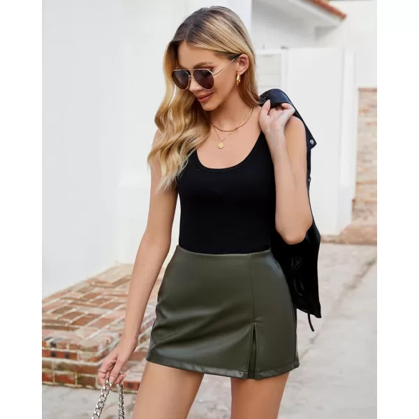 luvamia Faux Leather Skort for Women High Waisted Pull On Vegan Leather Shorts Pleather Skorts Skirts with Slit CuteDusty Olive