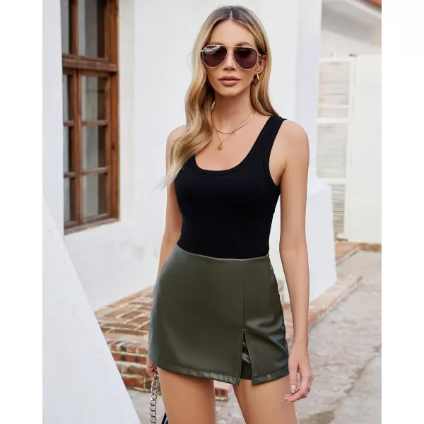 luvamia Faux Leather Skort for Women High Waisted Pull On Vegan Leather Shorts Pleather Skorts Skirts with Slit CuteDusty Olive