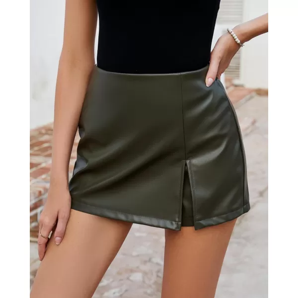 luvamia Faux Leather Skort for Women High Waisted Pull On Vegan Leather Shorts Pleather Skorts Skirts with Slit CuteDusty Olive