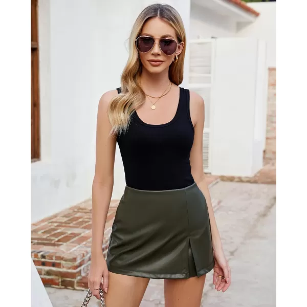 luvamia Faux Leather Skort for Women High Waisted Pull On Vegan Leather Shorts Pleather Skorts Skirts with Slit CuteDusty Olive