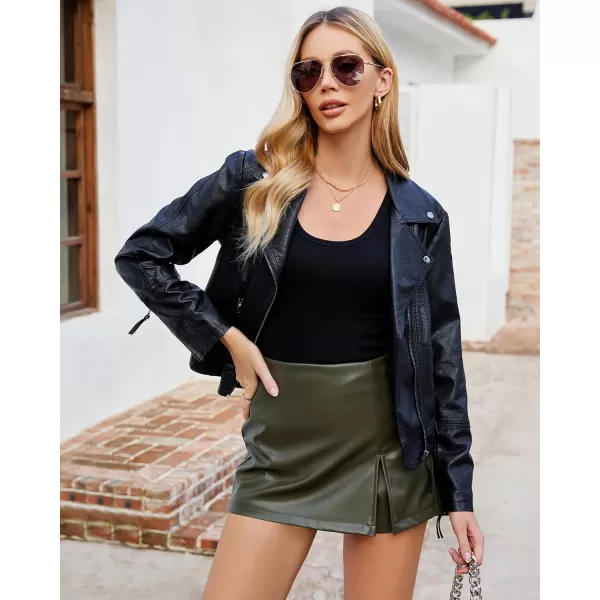 luvamia Faux Leather Skort for Women High Waisted Pull On Vegan Leather Shorts Pleather Skorts Skirts with Slit CuteDusty Olive