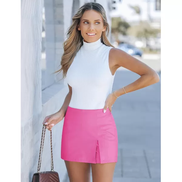 luvamia Faux Leather Skort for Women High Waisted Pull On Vegan Leather Shorts Pleather Skorts Skirts with Slit CuteHot Pink