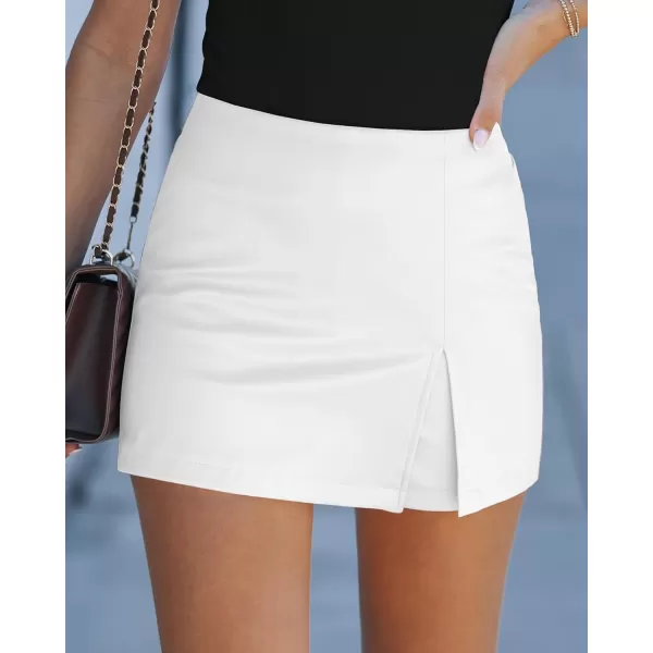 luvamia Faux Leather Skort for Women High Waisted Pull On Vegan Leather Shorts Pleather Skorts Skirts with Slit CuteOffwhite
