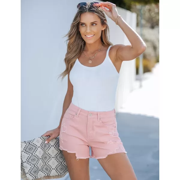 luvamia Jean Shorts for Women High Waisted Stretchy Distressed Denim Shorts Ripped Frayed Raw Hem Summer Casual ShortsCandy Pink