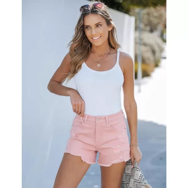 luvamia Jean Shorts for Women High Waisted Stretchy Distressed Denim Shorts Ripped Frayed Raw Hem Summer Casual ShortsCandy Pink