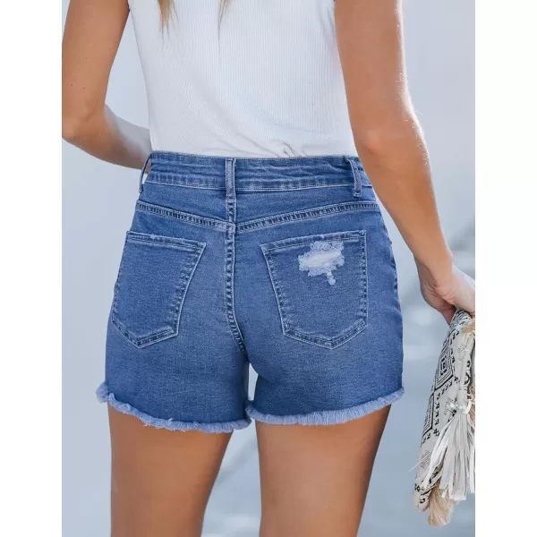 luvamia Jean Shorts for Women High Waisted Stretchy Distressed Denim Shorts Ripped Frayed Raw Hem Summer Casual ShortsClassic Blue