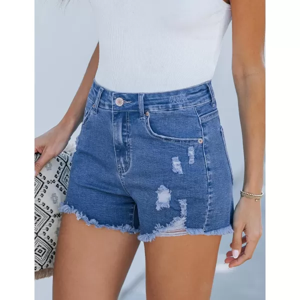 luvamia Jean Shorts for Women High Waisted Stretchy Distressed Denim Shorts Ripped Frayed Raw Hem Summer Casual ShortsClassic Blue