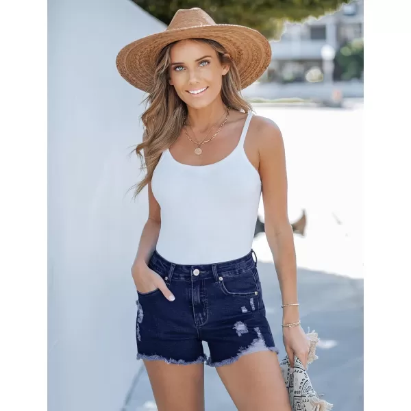 luvamia Jean Shorts for Women High Waisted Stretchy Distressed Denim Shorts Ripped Frayed Raw Hem Summer Casual ShortsDark Blue