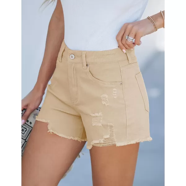 luvamia Jean Shorts for Women High Waisted Stretchy Distressed Denim Shorts Ripped Frayed Raw Hem Summer Casual ShortsLight Beige