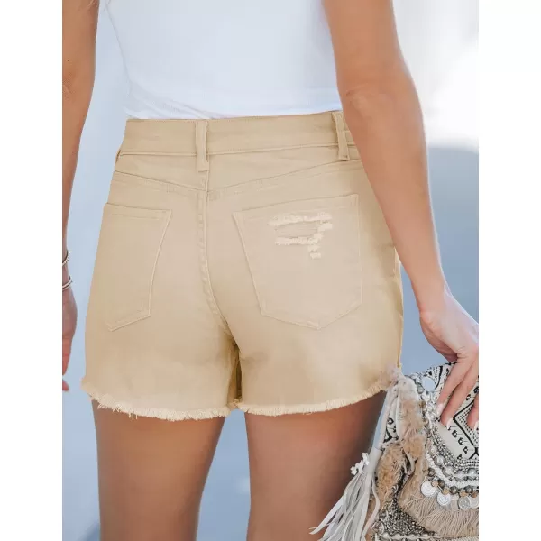luvamia Jean Shorts for Women High Waisted Stretchy Distressed Denim Shorts Ripped Frayed Raw Hem Summer Casual ShortsLight Beige