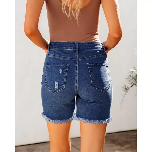 luvamia Jean Shorts for Women High Waisted Trendy Casual Distressed Stretchy Denim Long Shorts Ripped Raw Hem ShortsClassic Blue