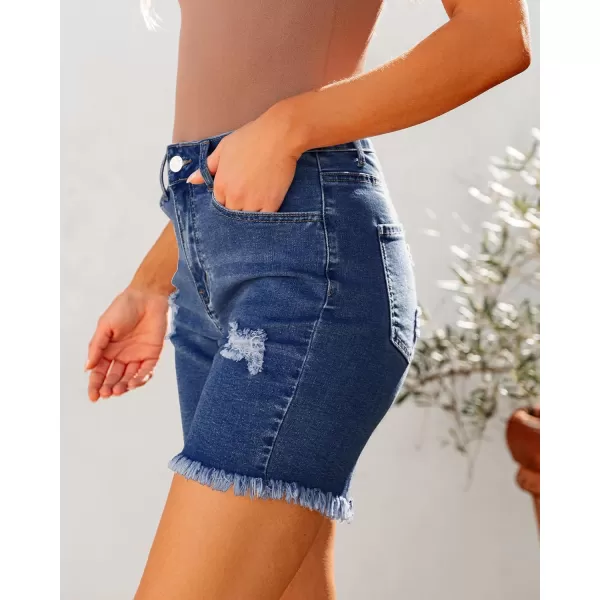 luvamia Jean Shorts for Women High Waisted Trendy Casual Distressed Stretchy Denim Long Shorts Ripped Raw Hem ShortsClassic Blue