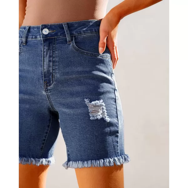 luvamia Jean Shorts for Women High Waisted Trendy Casual Distressed Stretchy Denim Long Shorts Ripped Raw Hem ShortsClassic Blue