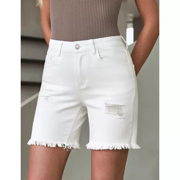 luvamia Jean Shorts for Women High Waisted Trendy Casual Distressed Stretchy Denim Long Shorts Ripped Raw Hem ShortsCream White