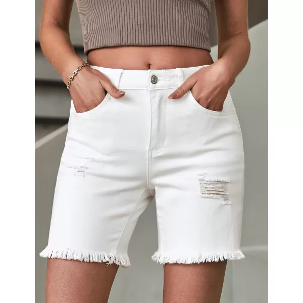 luvamia Jean Shorts for Women High Waisted Trendy Casual Distressed Stretchy Denim Long Shorts Ripped Raw Hem ShortsCream White
