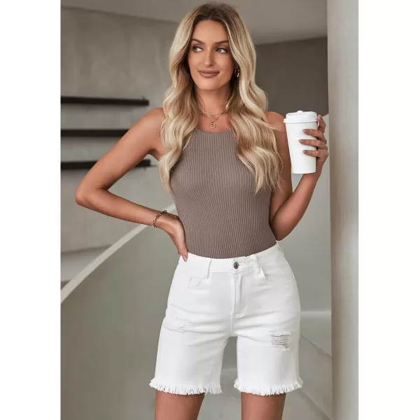 luvamia Jean Shorts for Women High Waisted Trendy Casual Distressed Stretchy Denim Long Shorts Ripped Raw Hem ShortsCream White