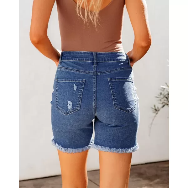 luvamia Jean Shorts for Women High Waisted Trendy Casual Distressed Stretchy Denim Long Shorts Ripped Raw Hem ShortsMedkum Blue