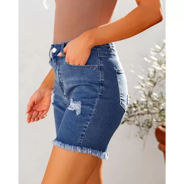 luvamia Jean Shorts for Women High Waisted Trendy Casual Distressed Stretchy Denim Long Shorts Ripped Raw Hem ShortsMedkum Blue