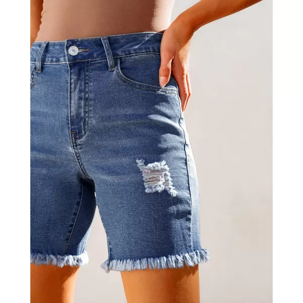 luvamia Jean Shorts for Women High Waisted Trendy Casual Distressed Stretchy Denim Long Shorts Ripped Raw Hem ShortsMedkum Blue