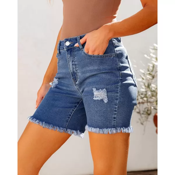 luvamia Jean Shorts for Women High Waisted Trendy Casual Distressed Stretchy Denim Long Shorts Ripped Raw Hem ShortsMedkum Blue