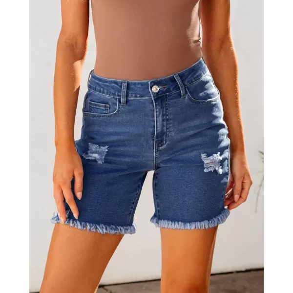luvamia Jean Shorts for Women High Waisted Trendy Casual Distressed Stretchy Denim Long Shorts Ripped Raw Hem ShortsMedkum Blue