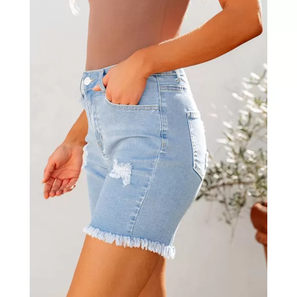 luvamia Jean Shorts for Women High Waisted Trendy Casual Distressed Stretchy Denim Long Shorts Ripped Raw Hem ShortsPowder Blue
