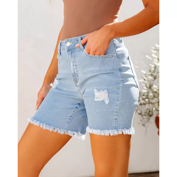 luvamia Jean Shorts for Women High Waisted Trendy Casual Distressed Stretchy Denim Long Shorts Ripped Raw Hem ShortsPowder Blue