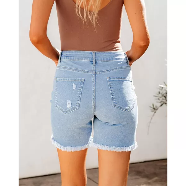 luvamia Jean Shorts for Women High Waisted Trendy Casual Distressed Stretchy Denim Long Shorts Ripped Raw Hem ShortsPowder Blue