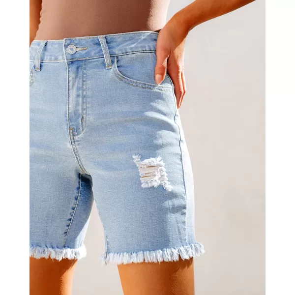 luvamia Jean Shorts for Women High Waisted Trendy Casual Distressed Stretchy Denim Long Shorts Ripped Raw Hem ShortsPowder Blue