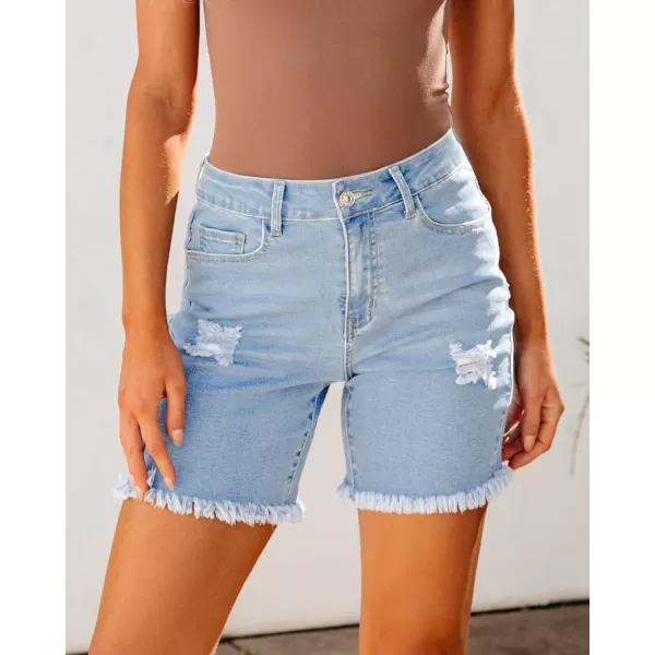 luvamia Jean Shorts for Women High Waisted Trendy Casual Distressed Stretchy Denim Long Shorts Ripped Raw Hem ShortsPowder Blue