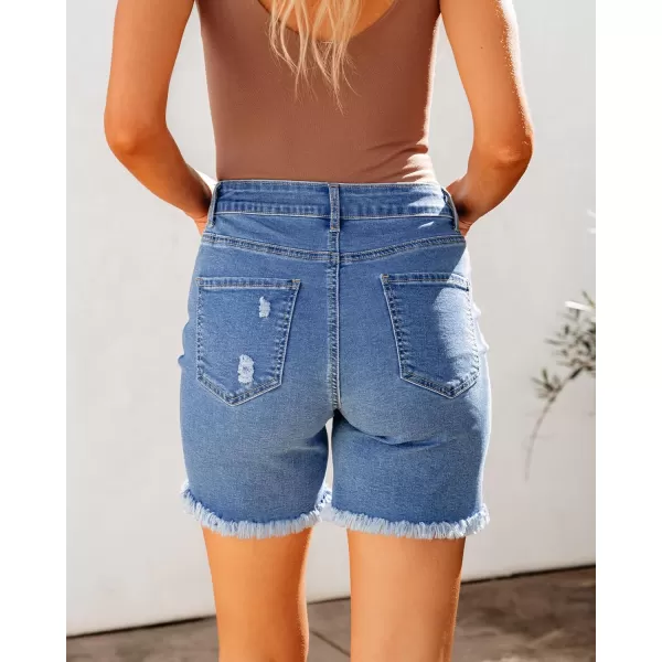 luvamia Jean Shorts for Women High Waisted Trendy Casual Distressed Stretchy Denim Long Shorts Ripped Raw Hem ShortsSky Blue