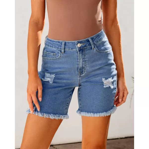 luvamia Jean Shorts for Women High Waisted Trendy Casual Distressed Stretchy Denim Long Shorts Ripped Raw Hem ShortsSky Blue