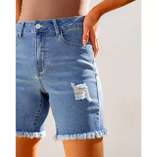 luvamia Jean Shorts for Women High Waisted Trendy Casual Distressed Stretchy Denim Long Shorts Ripped Raw Hem ShortsSky Blue