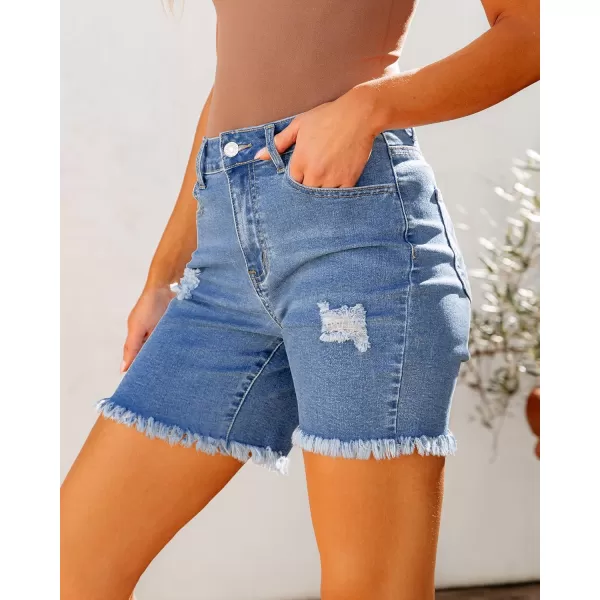 luvamia Jean Shorts for Women High Waisted Trendy Casual Distressed Stretchy Denim Long Shorts Ripped Raw Hem ShortsSky Blue