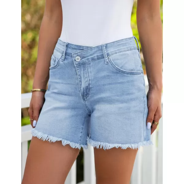 luvamia Jean Shorts for Women Low Waisted Trendy Stretchy Crossover Waist Denim Shorts Raw Hem Casual Summer PocketsBlue Breeze