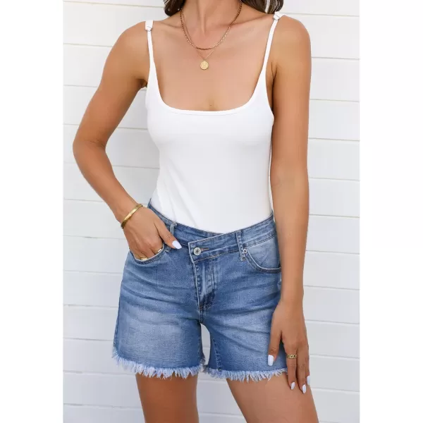 luvamia Jean Shorts for Women Low Waisted Trendy Stretchy Crossover Waist Denim Shorts Raw Hem Casual Summer PocketsClassic Blue