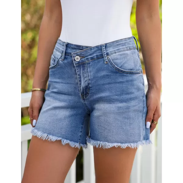 luvamia Jean Shorts for Women Low Waisted Trendy Stretchy Crossover Waist Denim Shorts Raw Hem Casual Summer PocketsClassic Blue