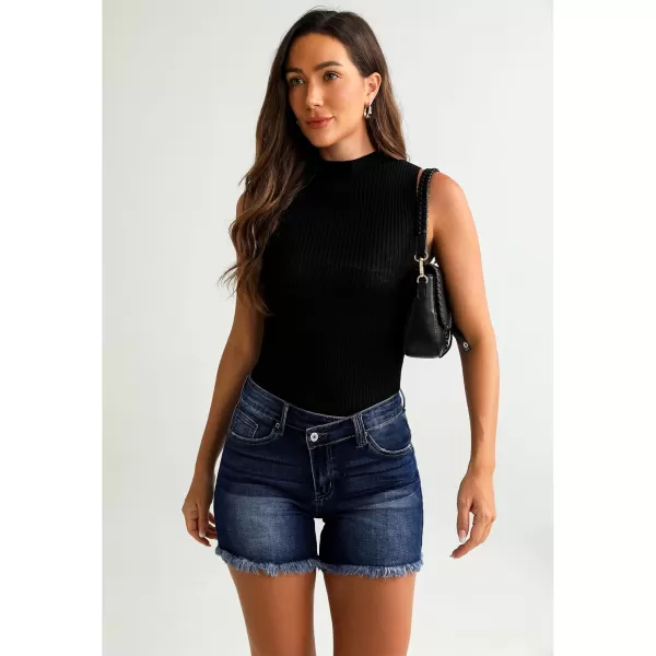 luvamia Jean Shorts for Women Low Waisted Trendy Stretchy Crossover Waist Denim Shorts Raw Hem Casual Summer PocketsDark Blue