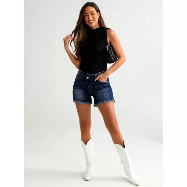luvamia Jean Shorts for Women Low Waisted Trendy Stretchy Crossover Waist Denim Shorts Raw Hem Casual Summer PocketsDark Blue