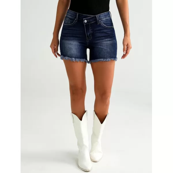 luvamia Jean Shorts for Women Low Waisted Trendy Stretchy Crossover Waist Denim Shorts Raw Hem Casual Summer PocketsDark Blue