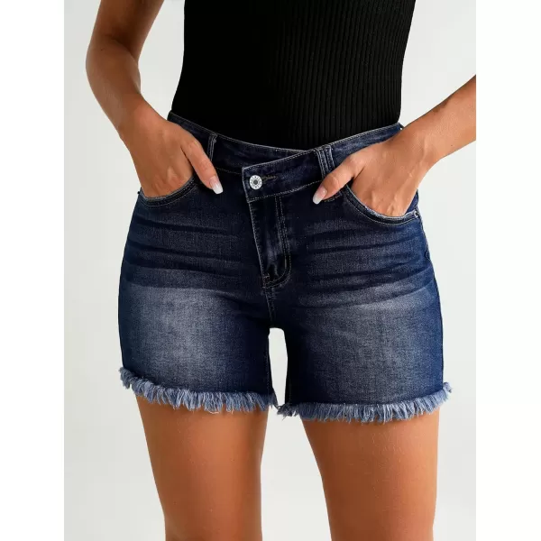 luvamia Jean Shorts for Women Low Waisted Trendy Stretchy Crossover Waist Denim Shorts Raw Hem Casual Summer PocketsDark Blue