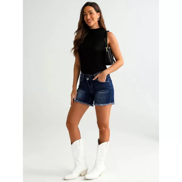 luvamia Jean Shorts for Women Low Waisted Trendy Stretchy Crossover Waist Denim Shorts Raw Hem Casual Summer PocketsDark Blue