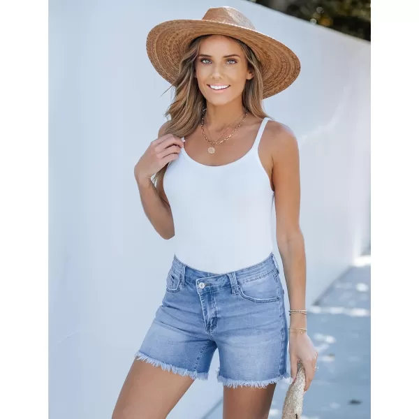 luvamia Jean Shorts for Women Low Waisted Trendy Stretchy Crossover Waist Denim Shorts Raw Hem Casual Summer PocketsMedium Blue